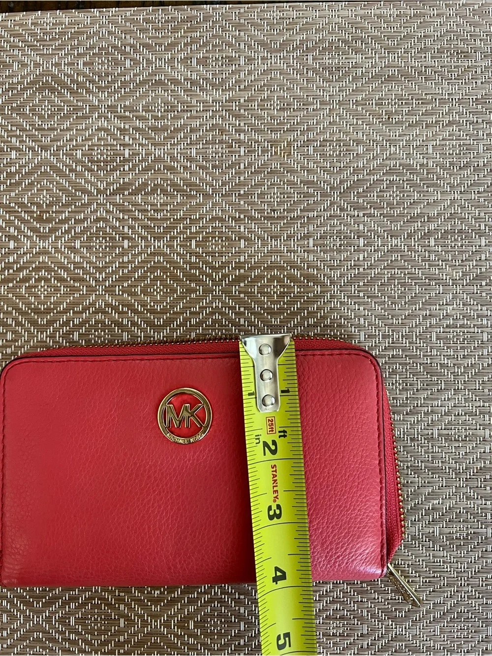Michael Kors Fulton Pinkish Red Zip Around Leather Phone Case Wristlet Wallet